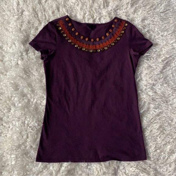 Anna Sui Purple Top/Tee/T shirt Sz S Embellished Crystals Embroidered Neckline - Picture 1 of 12